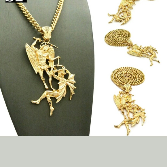 Hip Hop Gold PT Saint Michael Archangel Pendant W/ - Picture 3 of 4